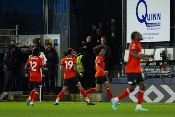 LUTON, ENGLAND - Sunday, November 5, 2023: Luton Town's Tahith Chong celebrates after scoring the opening goal during the FA Premier League match between Luton Town FC and Liverpool FC at Kenilworth Road. The game ended in a 1-1 draw. (Photo by David Rawcliffe/Propaganda)