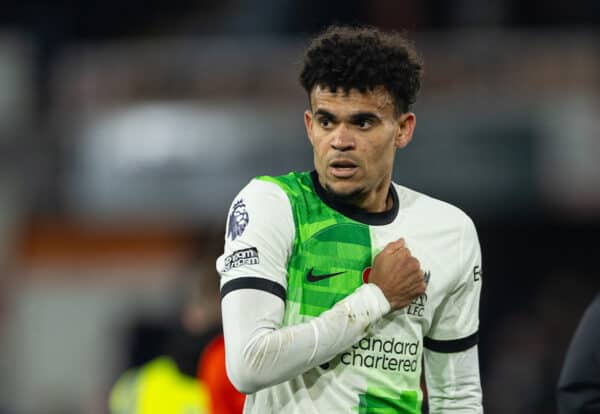 LUTON, ENGLAND - Sunday, November 5, 2023: Liverpool's goal-scorer Luis Díaz after the FA Premier League match between Luton Town FC and Liverpool FC at Kenilworth Road. The game ended in a 1-1 draw. (Photo by David Rawcliffe/Propaganda)