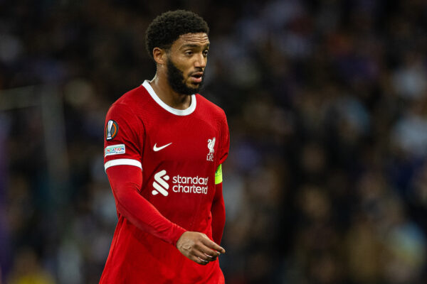 TOULOUSE, FRANCE - Thursday, November 9, 2023: Liverpool's Joe Gomez walks off at half-time with his side losing 1-0 during the UEFA Europa League Group E match-day 4 game between Toulouse FC and Liverpool FC at the Stadium de Toulouse. Toulouse won 3-2. (Photo by David Rawcliffe/Propaganda)