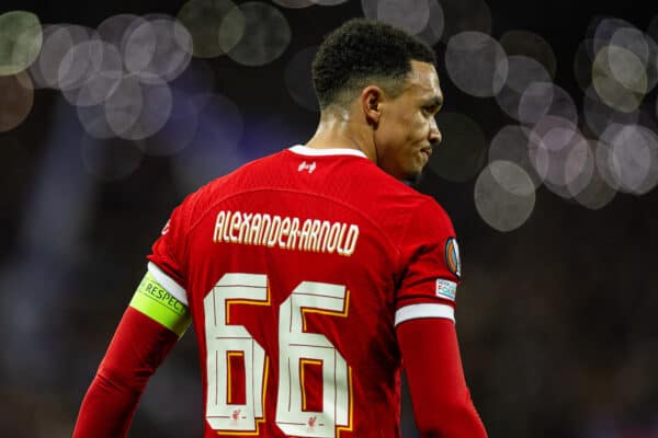 TOULOUSE, FRANCE - Thursday, November 9, 2023: Liverpool's Trent Alexander-Arnold during the UEFA Europa League Group E match-day 4 game between Toulouse FC and Liverpool FC at the Stadium de Toulouse. Toulouse won 3-2. (Photo by David Rawcliffe/Propaganda)