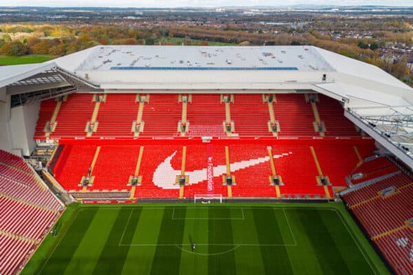 LIVERPOOL, ENGLAND - Friday, November 10, 2023: An aerial view of Anfield, the home stadium of Liverpool Football Club, showing the ongoing construction of the new Anfield Road expansion. The redevelopment of the stand will see 7,000 more seats added taking Anfield's overall capacity to more than 61,000. The development has been delayed until January 2024. (Photo by David Rawcliffe/Propaganda)