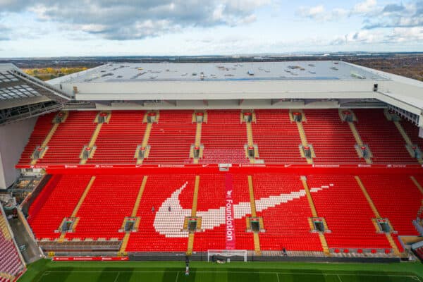 LIVERPOOL, ENGLAND - Friday, November 10, 2023: An aerial view of Anfield, the home stadium of Liverpool Football Club, showing the ongoing construction of the new Anfield Road expansion. The redevelopment of the stand will see 7,000 more seats added taking Anfield's overall capacity to more than 61,000. The development has been delayed until January 2024. (Photo by David Rawcliffe/Propaganda)