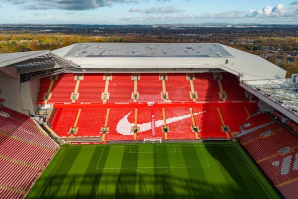 LIVERPOOL, ENGLAND - Friday, November 10, 2023: An aerial view of Anfield, the home stadium of Liverpool Football Club, showing the ongoing construction of the new Anfield Road expansion. The redevelopment of the stand will see 7,000 more seats added taking Anfield's overall capacity to more than 61,000. The development has been delayed until January 2024. (Photo by David Rawcliffe/Propaganda)