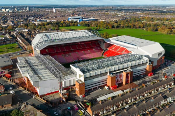 LIVERPOOL, ENGLAND - Friday, November 10, 2023: An aerial view of Anfield, the home stadium of Liverpool Football Club, showing the ongoing construction of the new Anfield Road expansion. The redevelopment of the stand will see 7,000 more seats added taking Anfield's overall capacity to more than 61,000. The development has been delayed until January 2024. (Photo by David Rawcliffe/Propaganda)