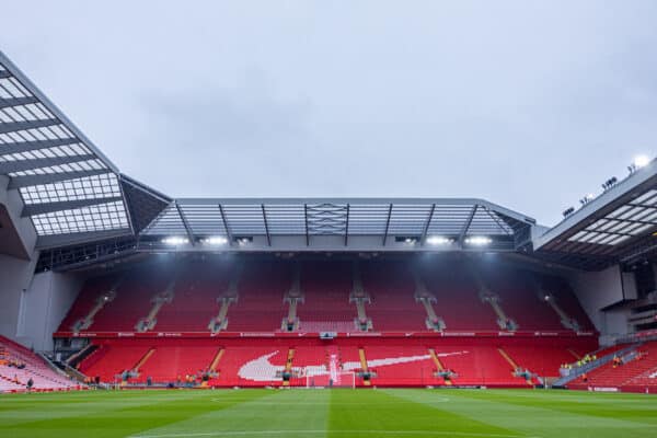 LIVERPOOL, ENGLAND - Saturday, November 11, 2023: A view of the Anfield Road stand and the construction of the new upper tier which has recently had all the seats installed seen before the FA Premier League match between Liverpool FC and Brentford FC at Anfield. Liverpool won 3-0. (Photo by David Rawcliffe/Propaganda)