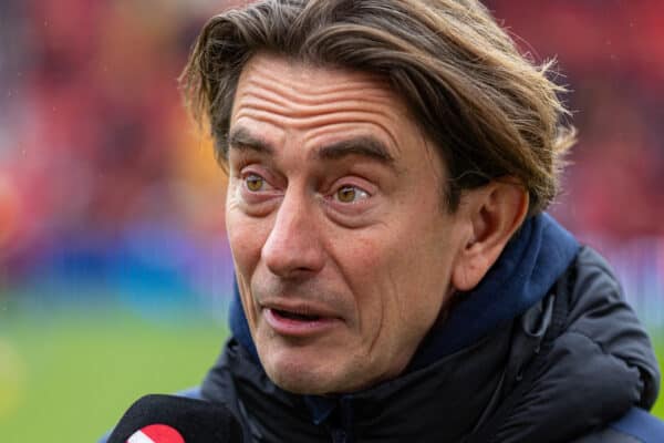 LIVERPOOL, ENGLAND - Saturday, November 11, 2023: Brentford's manager Thomas Frank interviewed before the FA Premier League match between Liverpool FC and Brentford FC at Anfield. Liverpool won 3-0. (Photo by David Rawcliffe/Propaganda)