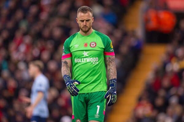 LIVERPOOL, ENGLAND - Saturday, November 11, 2023: Brentford's goalkeeper Mark Flekken during the FA Premier League match between Liverpool FC and Brentford FC at Anfield. Liverpool won 3-0. (Photo by David Rawcliffe/Propaganda)