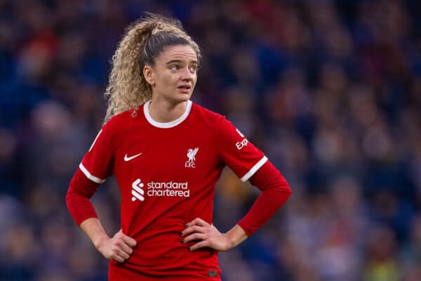 LONDON, ENGLAND - Saturday, November 18, 2023: Liverpool's Leanne Kiernan looks dejected as her side lose 5-1 during the FA Women’s Super League game between Chelsea FC Women and Liverpool FC Women at Stamford Bridge. (Photo by David Rawcliffe/Propaganda)