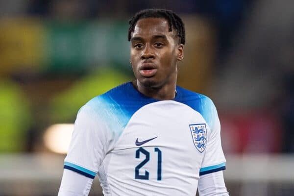 LIVERPOOL, ENGLAND - Tuesday, November 21, 2023: England's Jamie Bynoe-Gittens during the 2025 UEFA European Under-21 Championship Qualifying Group F game between England and Northern Ireland at Goodison Park. (Photo by Paul Currie/Propaganda)