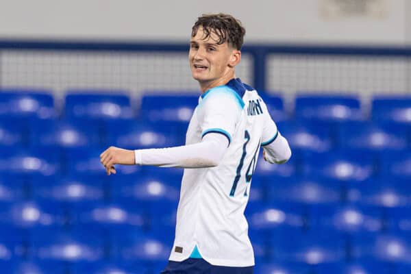 LIVERPOOL, ENGLAND - Tuesday, November 21, 2023: England's Tyler Morton celebrates after scoring the first goal during the 2025 UEFA European Under-21 Championship Qualifying Group F game between England and Northern Ireland at Goodison Park. (Photo by Paul Currie/Propaganda)