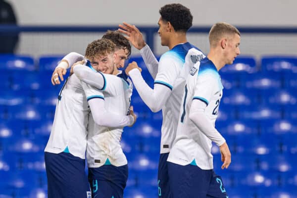 LIVERPOOL, ENGLAND - Tuesday, November 21, 2023: England's Tyler Morton celebrates with Harvey Elliott after scoring the first goal during the 2025 UEFA European Under-21 Championship Qualifying Group F game between England and Northern Ireland at Goodison Park. (Photo by Paul Currie/Propaganda)