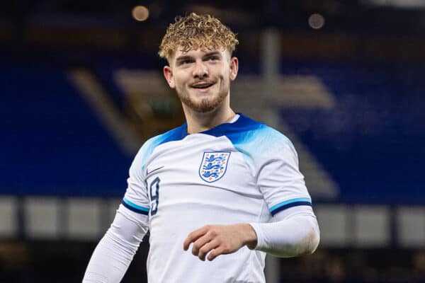 LIVERPOOL, ENGLAND - Tuesday, November 21, 2023: England's Harvey Elliott celebrates after scoring the second goal during the 2025 UEFA European Under-21 Championship Qualifying Group F game between England and Northern Ireland at Goodison Park. (Photo by Paul Currie/Propaganda)