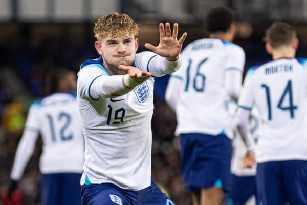 LIVERPOOL, ENGLAND - Tuesday, November 21, 2023: England's Harvey Elliott celebrates after scoring the second goal during the 2025 UEFA European Under-21 Championship Qualifying Group F game between England and Northern Ireland at Goodison Park. (Photo by Paul Currie/Propaganda)