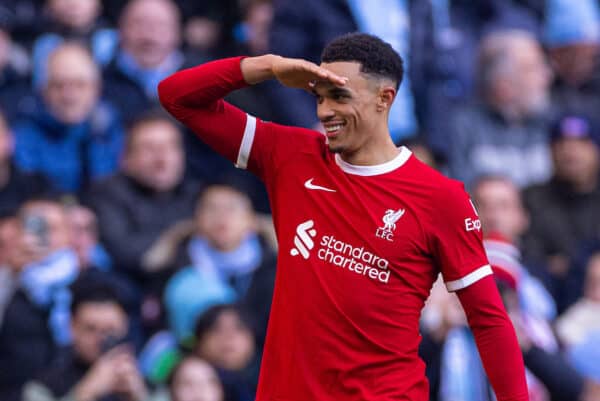 MANCHESTER, ENGLAND - Saturday, November 25, 2023: Liverpool's Trent Alexander-Arnold celebrates after scoring the equalising goal during the FA Premier League match between Manchester City FC and Liverpool FC at the City of Manchester Stadium. (Photo by David Rawcliffe/Propaganda)