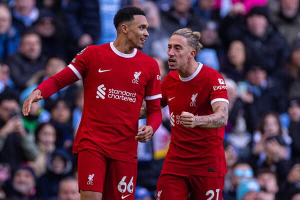 MANCHESTER, ENGLAND - Saturday, November 25, 2023: Liverpool's Trent Alexander-Arnold (L) celebrates with team-mate Kostas Tsimikas after scoring the equalising goal during the FA Premier League match between Manchester City FC and Liverpool FC at the City of Manchester Stadium. (Photo by David Rawcliffe/Propaganda)