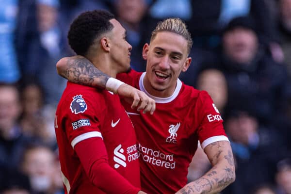 MANCHESTER, ENGLAND - Saturday, November 25, 2023: Liverpool's Trent Alexander-Arnold (L) celebrates with team-mate Kostas Tsimikas after scoring the equalising goal during the FA Premier League match between Manchester City FC and Liverpool FC at the City of Manchester Stadium. (Photo by David Rawcliffe/Propaganda)