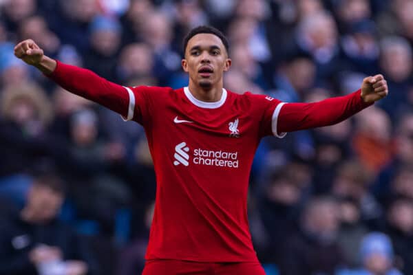 MANCHESTER, ENGLAND - Saturday, November 25, 2023: Liverpool's Trent Alexander-Arnold celebrates after scoring the equalising goal during the FA Premier League match between Manchester City FC and Liverpool FC at the City of Manchester Stadium. (Photo by David Rawcliffe/Propaganda)