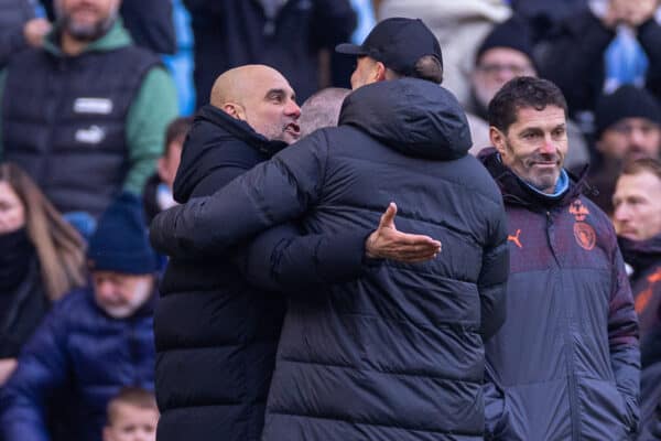 MANCHESTER, ENGLAND - Saturday, November 25, 2023: Manchester City's manager Josep 'Pep' Guardiola speaks with Liverpool's manager Jürgen Klopp after the FA Premier League match between Manchester City FC and Liverpool FC at the City of Manchester Stadium. (Photo by David Rawcliffe/Propaganda)