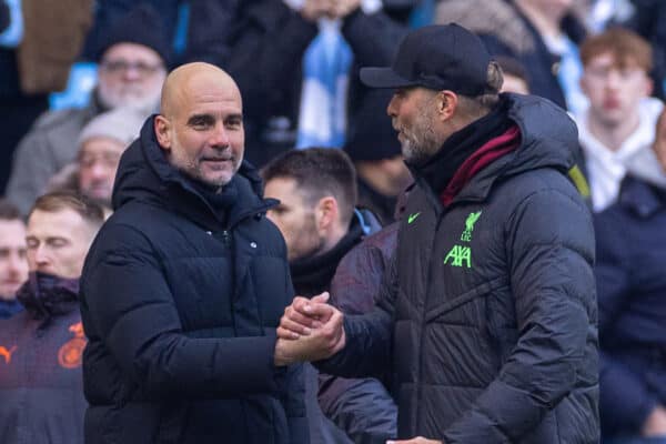 MANCHESTER, ENGLAND - Saturday, November 25, 2023: Manchester City's manager Josep 'Pep' Guardiola speaks with Liverpool's manager Jürgen Klopp after the FA Premier League match between Manchester City FC and Liverpool FC at the City of Manchester Stadium. (Photo by David Rawcliffe/Propaganda)