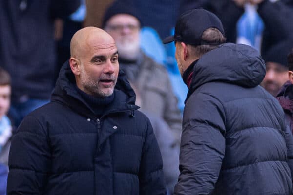 MANCHESTER, ENGLAND - Saturday, November 25, 2023: Manchester City's manager Josep 'Pep' Guardiola speaks with Liverpool's manager Jürgen Klopp after the FA Premier League match between Manchester City FC and Liverpool FC at the City of Manchester Stadium. (Photo by David Rawcliffe/Propaganda)