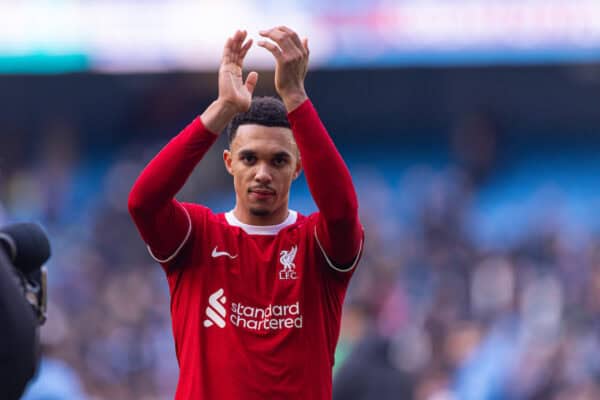 MANCHESTER, ENGLAND - Saturday, November 25, 2023: Liverpool's goal-scorer Trent Alexander-Arnold applauds the supporters after the FA Premier League match between Manchester City FC and Liverpool FC at the City of Manchester Stadium. (Photo by David Rawcliffe/Propaganda)