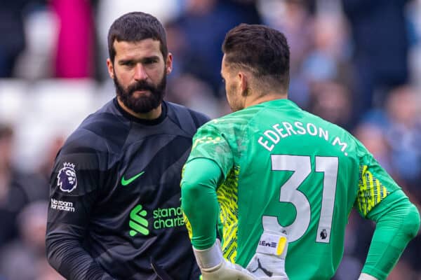 MANCHESTER, ENGLAND - Saturday, November 25, 2023: Liverpool's goalkeeper Alisson Becker speaks with his Brazil international team-mate Manchester City's goalkeeper Ederson Santana de Moraes after the FA Premier League match between Manchester City FC and Liverpool FC at the City of Manchester Stadium. (Photo by David Rawcliffe/Propaganda)