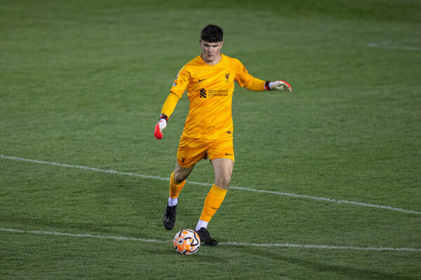 LEYLAND, ENGLAND - Tuesday, November 28, 2023: Liverpool's goalkeeper Oscar Kelly during the Lancashire Senior Cup 1st Round match between Burnley FC Under-21's and Liverpool FC Under-21's at the County Ground. Burnley won 3-1. (Photo by David Rawcliffe/Propaganda)