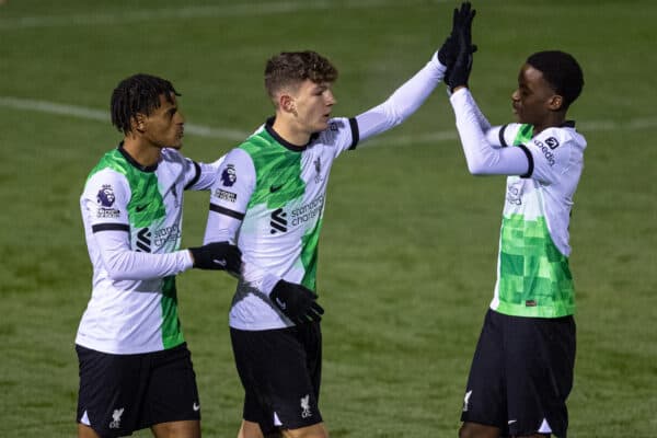 LEYLAND, ENGLAND - Tuesday, November 28, 2023: Liverpool's Lewis Koumas (C) celebrates with team-mates Melkamu Frauendorf (L) and Trey Nyoni (R) after scoring the first equalising goal during the Lancashire Senior Cup 1st Round match between Burnley FC Under-21's and Liverpool FC Under-21's at the County Ground. Burnley won 3-1. (Photo by David Rawcliffe/Propaganda)