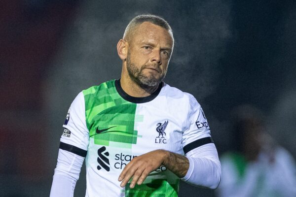 LEYLAND, ENGLAND - Tuesday, November 28, 2023: Liverpool's Jay Spearing during the Lancashire Senior Cup 1st Round match between Burnley FC Under-21's and Liverpool FC Under-21's at the County Ground. Burnley won 3-1. (Photo by David Rawcliffe/Propaganda)