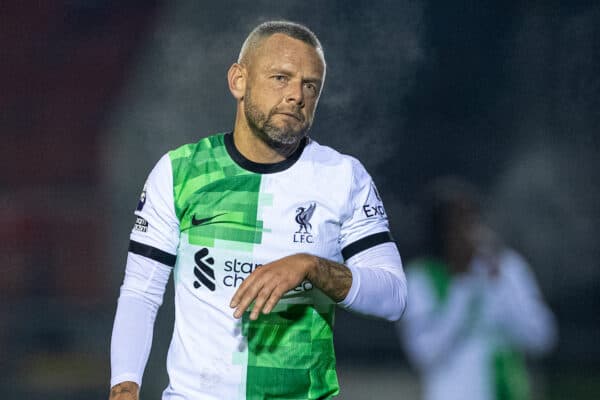 LEYLAND, ENGLAND - Tuesday, November 28, 2023: Liverpool's Jay Spearing during the Lancashire Senior Cup 1st Round match between Burnley FC Under-21's and Liverpool FC Under-21's at the County Ground. Burnley won 3-1. (Photo by David Rawcliffe/Propaganda)