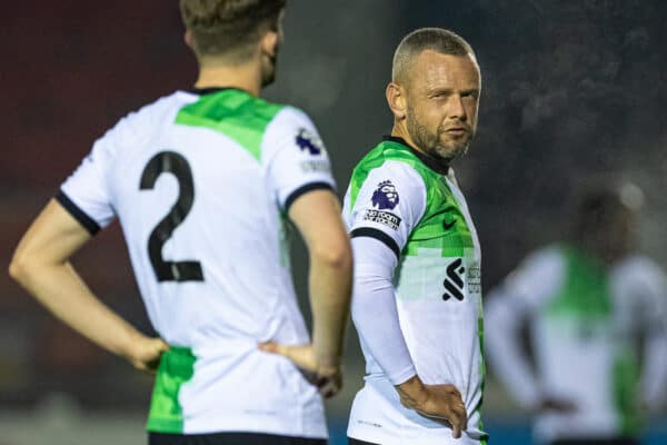 LEYLAND, ENGLAND - Tuesday, November 28, 2023: Liverpool's Jay Spearing during the Lancashire Senior Cup 1st Round match between Burnley FC Under-21's and Liverpool FC Under-21's at the County Ground. Burnley won 3-1. (Photo by David Rawcliffe/Propaganda)