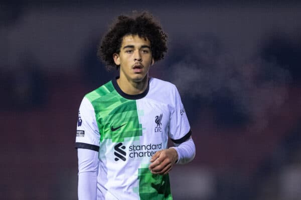 LEYLAND, ENGLAND - Tuesday, November 28, 2023: Liverpool's substitute Jayden Danns during the Lancashire Senior Cup 1st Round match between Burnley FC Under-21's and Liverpool FC Under-21's at the County Ground. Burnley won 3-1. (Photo by David Rawcliffe/Propaganda)