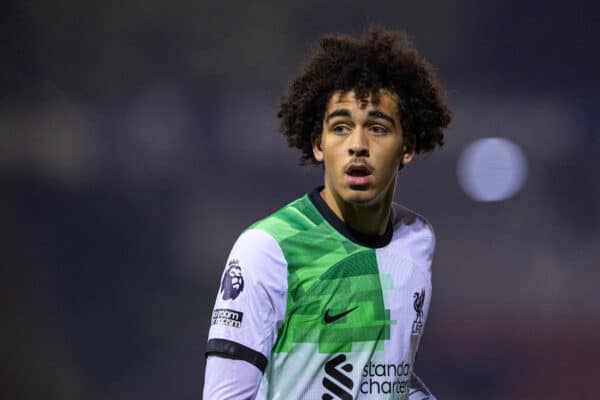 LEYLAND, ENGLAND - Tuesday, November 28, 2023: Liverpool's substitute Jayden Danns during the Lancashire Senior Cup 1st Round match between Burnley FC Under-21's and Liverpool FC Under-21's at the County Ground. Burnley won 3-1. (Photo by David Rawcliffe/Propaganda)