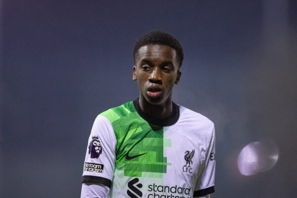 LEYLAND, ENGLAND - Tuesday, November 28, 2023: Liverpool's Trey Nyoni during the Lancashire Senior Cup 1st Round match between Burnley FC Under-21's and Liverpool FC Under-21's at the County Ground. Burnley won 3-1. (Photo by David Rawcliffe/Propaganda)