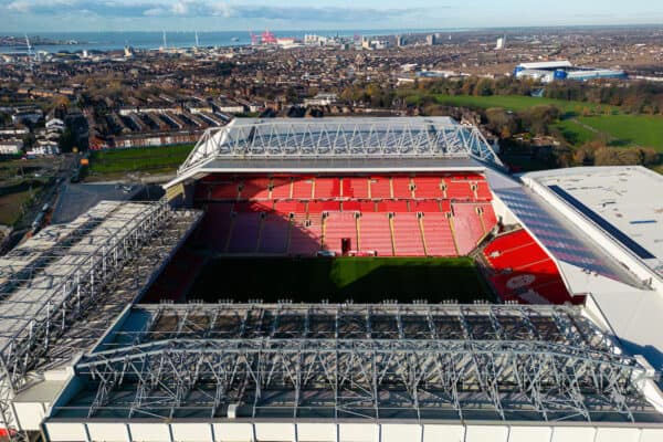 LIVERPOOL, ENGLAND - Wednesday, November 29, 2023: A general view of Liverpool FC's Anfield Stadium seen ahead of the UEFA Europa League Group E matchday 5 game between Liverpool FC and LASK. (Photo by David Rawcliffe/Propaganda)