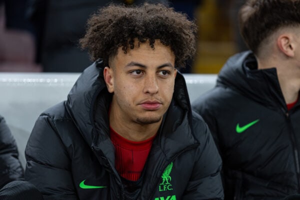 LIVERPOOL, ENGLAND - Thursday, November 30, 2023: Liverpool's substitute Kaide Gordon before the UEFA Europa League Group E match day 5 game between Liverpool FC and LASK at Anfield. Liverpool won 4-0. (Photo by David Rawcliffe/Propaganda)