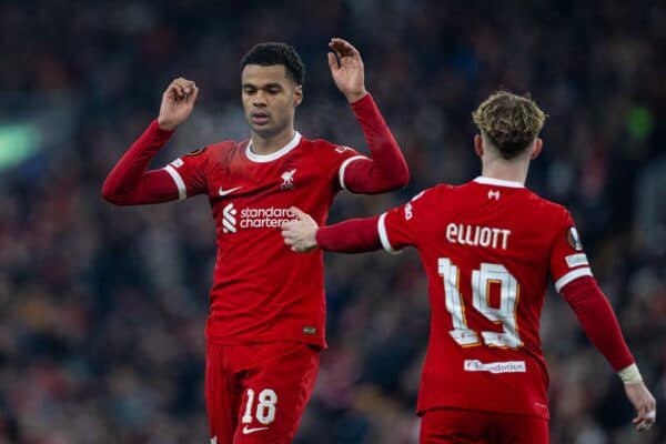 LIVERPOOL, ENGLAND - Thursday, November 30, 2023: Liverpool's Cody Gakpo looks dejected after missing a chance during the UEFA Europa League Group E match day 5 game between Liverpool FC and LASK at Anfield. Liverpool won 4-0. (Photo by David Rawcliffe/Propaganda)