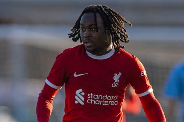 MANCHESTER, ENGLAND - Saturday, December 2, 2023: Liverpool's Francis Gyimah during the Under-18 Premier League match between Liverpool FC Under-18's and Manchester City FC Under-18's at the Etihad Campus. Man City won 3-0. (Photo by David Rawcliffe/Propaganda)