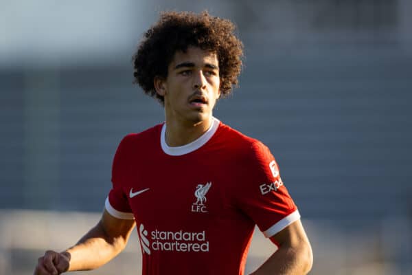 MANCHESTER, ENGLAND - Saturday, December 2, 2023: Liverpool's Jayden Danns during the Under-18 Premier League match between Liverpool FC Under-18's and Manchester City FC Under-18's at the Etihad Campus. Man City won 3-0. (Photo by David Rawcliffe/Propaganda)