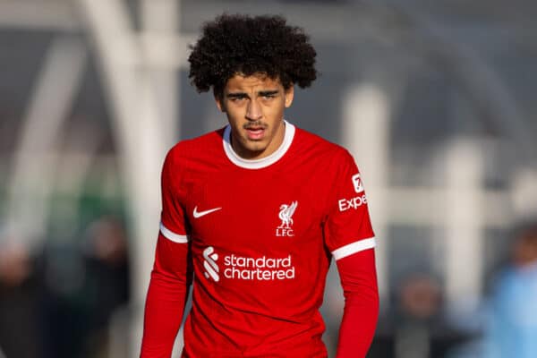 MANCHESTER, ENGLAND - Saturday, December 2, 2023: Liverpool's Jayden Danns during the Under-18 Premier League match between Liverpool FC Under-18's and Manchester City FC Under-18's at the Etihad Campus. Man City won 3-0. (Photo by David Rawcliffe/Propaganda)