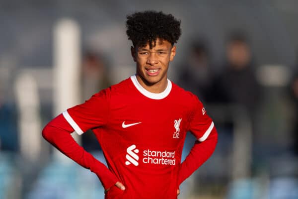 MANCHESTER, ENGLAND - Saturday, December 2, 2023: Liverpool's Trent Kone-Doherty during the Under-18 Premier League match between Liverpool FC Under-18's and Manchester City FC Under-18's at the Etihad Campus. Man City won 3-0. (Photo by David Rawcliffe/Propaganda)