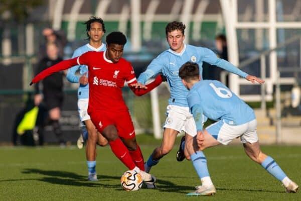 MANCHESTER, ENGLAND - Saturday, December 2, 2023: Liverpool's Keyrol Figueroa during the Under-18 Premier League match between Liverpool FC Under-18's and Manchester City FC Under-18's at the Etihad Campus. Man City won 3-0. (Photo by David Rawcliffe/Propaganda)