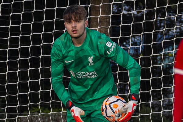 MANCHESTER, ENGLAND - Saturday, December 2, 2023: Liverpool's goalkeeper Kornel Misciur looks dejected after conceding a third goal during the Under-18 Premier League match between Liverpool FC Under-18's and Manchester City FC Under-18's at the Etihad Campus. Man City won 3-0. (Photo by David Rawcliffe/Propaganda)