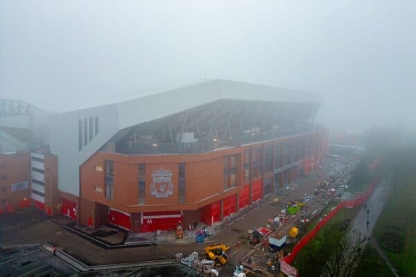 LIVERPOOL, ENGLAND - Sunday, December 3, 2023: Fog over the Anfield Road construction site seen before the FA Premier League match between Liverpool FC and Fulham FC at Anfield. Liverpool won 4-3. (Photo by David Rawcliffe/Propaganda)