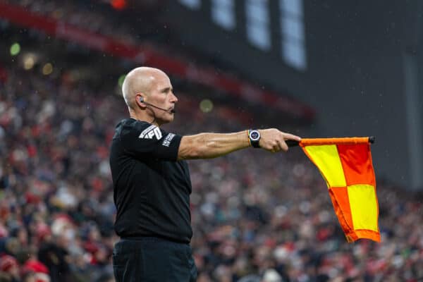 LIVERPOOL, ENGLAND - Sunday, December 3, 2023: The assistant referee flags for off-side for Fulham's second goal during the FA Premier League match between Liverpool FC and Fulham FC at Anfield. Liverpool won 4-3. (Photo by David Rawcliffe/Propaganda)