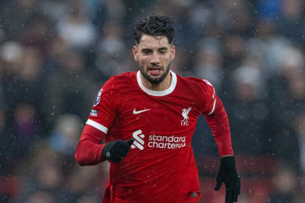 LIVERPOOL, ENGLAND - Sunday, December 3, 2023: Liverpool's Dominik Szoboszlai during the FA Premier League match between Liverpool FC and Fulham FC at Anfield. Liverpool won 4-3. (Photo by David Rawcliffe/Propaganda)