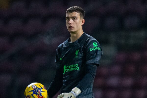 BRADFORD, ENGLAND - Tuesday, December 5, 2023: Liverpool's goalkeeper Fabian Mrozek during the English Football League Trophy Round of 32 match between Bradford City AFC and Liverpool FC Under-21's at Valley Parade. (Photo by Ed Sykes/Propaganda)