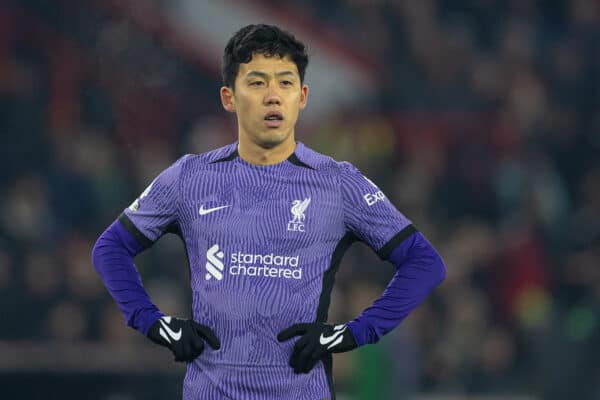 SHEFFIELD, ENGLAND - Wednesday, December 6, 2023: Liverpool's Wataru Endo during the FA Premier League match between Sheffield United FC and Liverpool FC at Bramall Lane. Liverpool won 2-0. (Photo by David Rawcliffe/Propaganda)