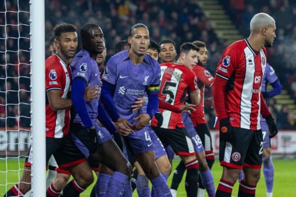 SHEFFIELD, ENGLAND - Wednesday, December 6, 2023: Liverpool's Ibrahima Konaté (L) and captain Virgil van Dijk during the FA Premier League match between Sheffield United FC and Liverpool FC at Bramall Lane. Liverpool won 2-0. (Photo by David Rawcliffe/Propaganda)