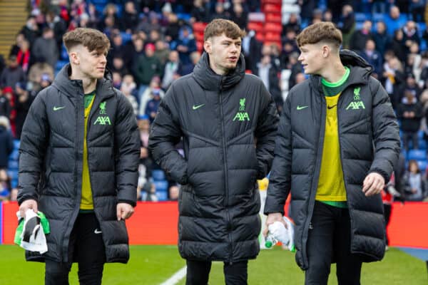 LONDON, ENGLAND - Saturday, December 9, 2023: Liverpool's substitutes (L-R) Ben Doak, Conor Bradley and James McConnell before the FA Premier League match between Crystal Palace FC and Liverpool FC at Selhurst Park. Liverpool won 2-1. (Photo by David Rawcliffe/Propaganda)